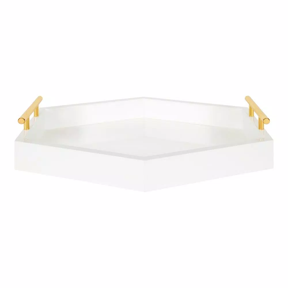Kate and Laurel Lipton White Glossy Decorative Hexagon Tray with Gold Metal Handles