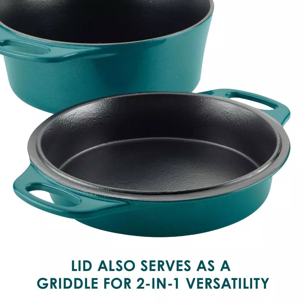 Rachael Ray 4 qt. Cast Iron Casserole Dish with 10 in. Griddle Lid, Teal Shimmer