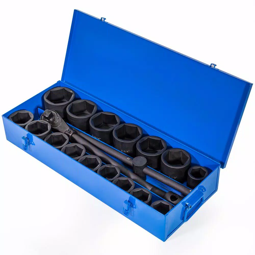 Stark 1 in. Drive Cr-Mo Steel 6-Point SAE Deep Impact Socket Set with Extensions and Case, 21-Piece