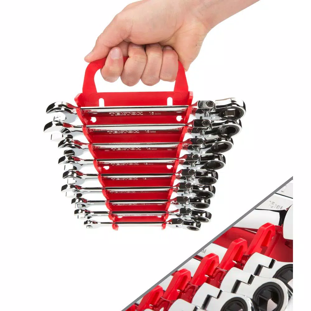 TEKTON 9-Piece Metric Flex-Head Ratcheting Combination Wrench Set, 8-16 mm