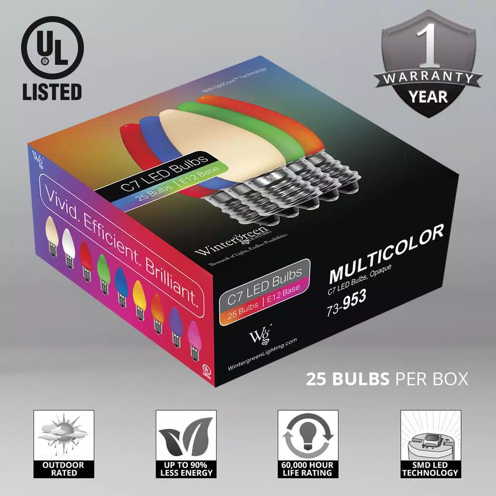 Wintergreen Lighting OptiCore C7 LED Multi-Color Smooth Opaque Christmas Light Bulbs, 25-Pack
