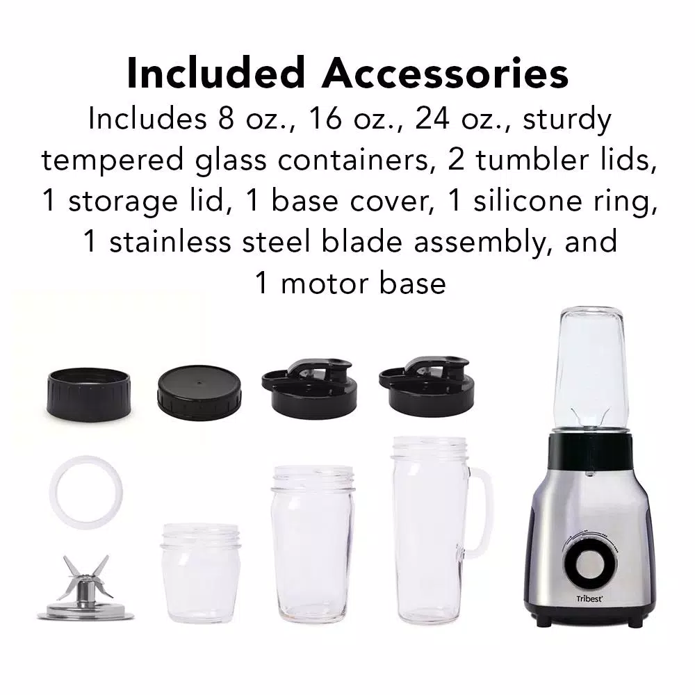 Tribest Glass Personal Blender, 42 oz. 4-Speed Chrome Electric Blender with Stainless Steel Blades