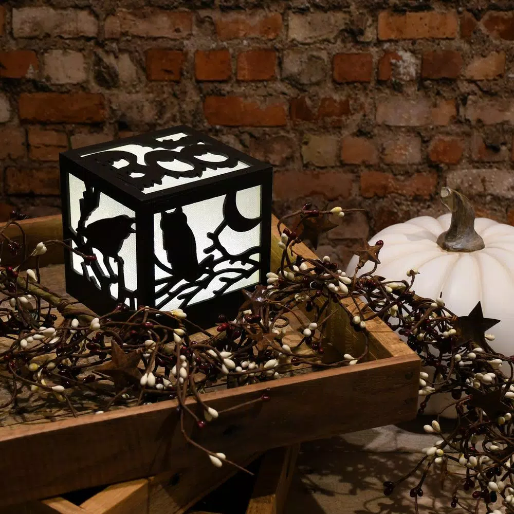 LUMABASE 4.75 in. Halloween Wooden Lantern with Multi-Orange LED Lights, Owl and Crow Design