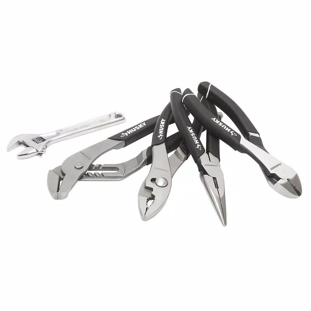 Husky 5-Piece Pliers and Wrench Set, Includes Diagonal, Long Nose, Slip Joint, Groove Joint, and Adjustable Wrench