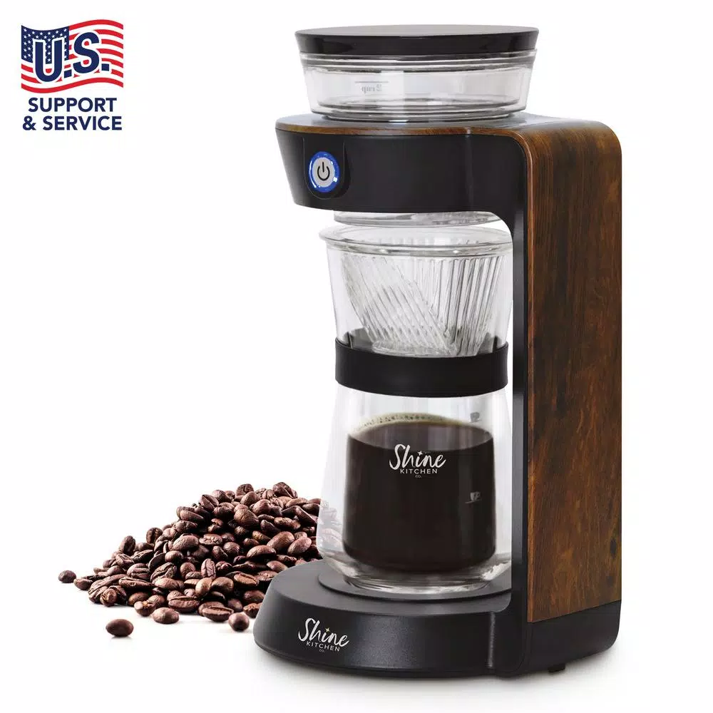 TRIBEST Shine Automatic Pour Over Coffee Machine with 2-Cup Double Wall Glass Carafe, Black with Wood Finish
