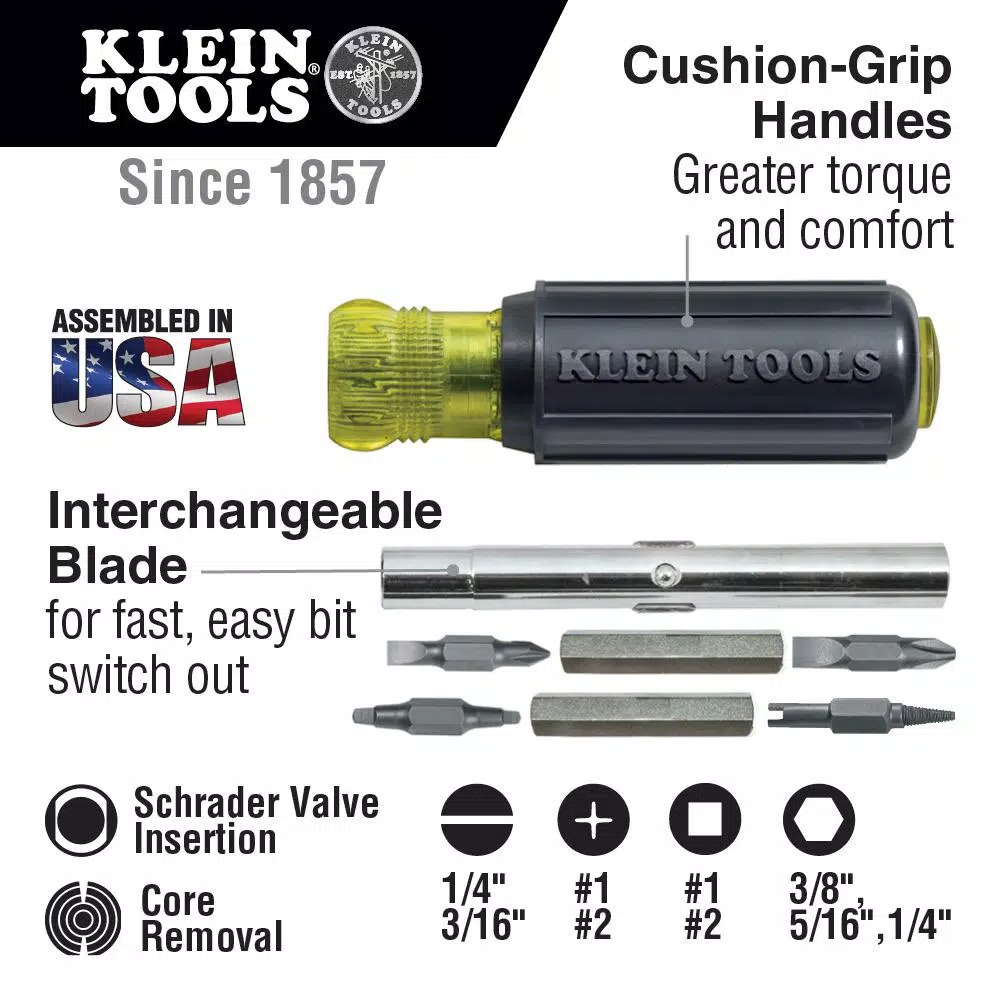 Klein Tools 11-in-1 Multi-Bit Screwdriver and Nut Driver with Schrader Valve Core Tool, Cushion Grip