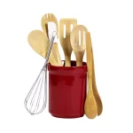 Basic Essentials 8-Piece Red Ceramic Kitchen Utensil Set with Bamboo Utensils and Storage Crock thumbnail 1