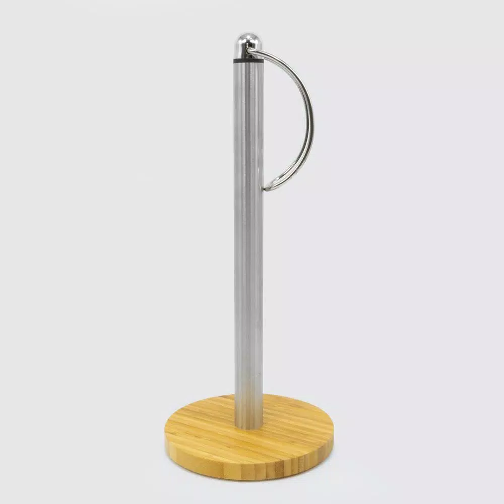 ExcelSteel Stainless Steel Paper Towel Holder with Durable Bamboo Base