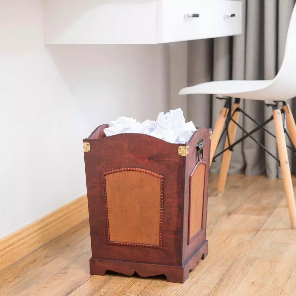 Vintiquewise Rustic Cherry Wood Decorative Trash Bin with Faux Leather Accents and Handles