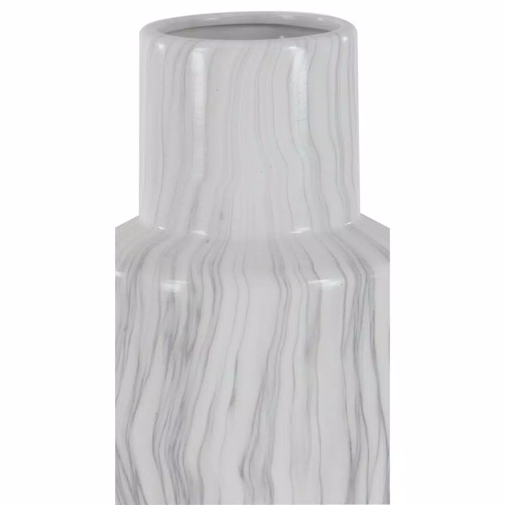 LITTON LANE 21 in. Classic Marble Cylinder White Ceramic Decorative Vase with Gray Veining