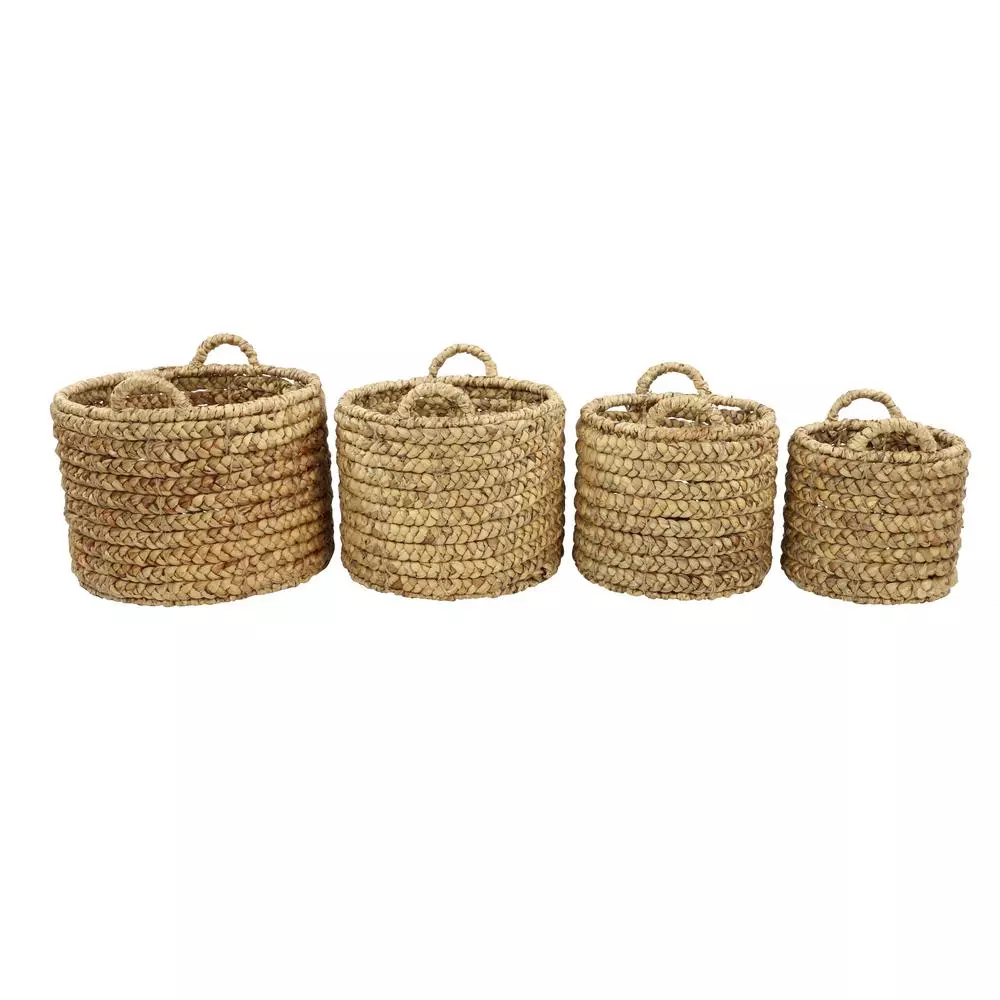 LITTON LANE Round Water Hyacinth and Metal Storage Wicker Baskets, Set of 4