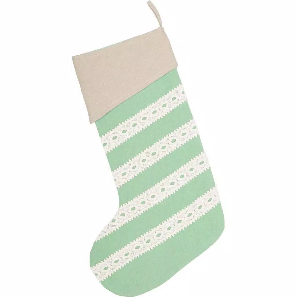 VHC Brands 20 in. Mint Margot Farmhouse Christmas Stocking with Diamond Cut Lace and Cotton/Felt