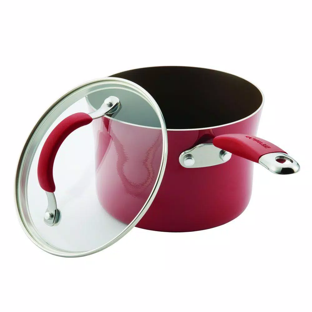 Rachael Ray Cucina 2-Qt. Aluminum Nonstick Saucepan with Glass Lid, Cranberry Red