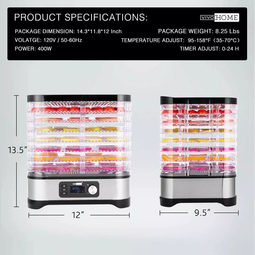 VIVOHOME 8-Tray Stainless Steel Food Dehydrator with Digital Timer and Temperature Control
