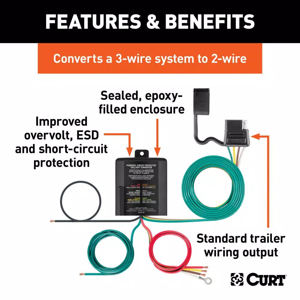 CURT 3-to-2-Wire Powered Taillight Converter, 4-Way Flat Output