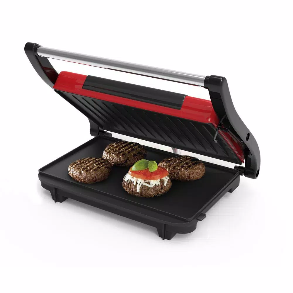 Chef Buddy 760W Red Non-Stick Panini Press and Countertop Grill