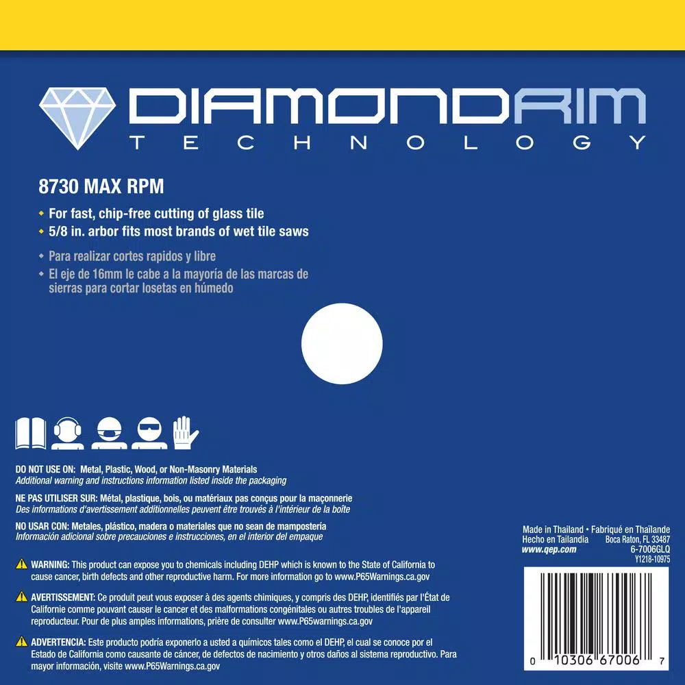 QEP 7 in. Glass Tile Diamond Blade for Wet Tile Saws, Continuous Rim