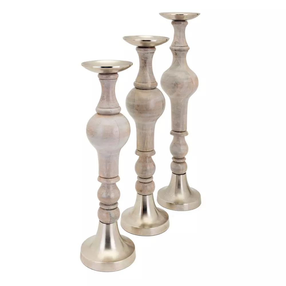 IMAX Trisha Yearwood Nightingale Mango Wood Hurricane Candle Holder Set of 3, Gray