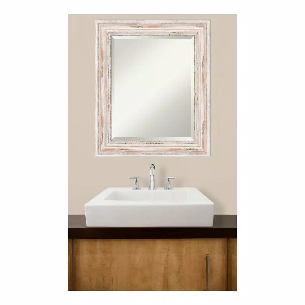 Amanti Art Alexandria 21 in. W x 25 in. H Distressed Whitewash Wood Framed Beveled Edge Bathroom Mirror