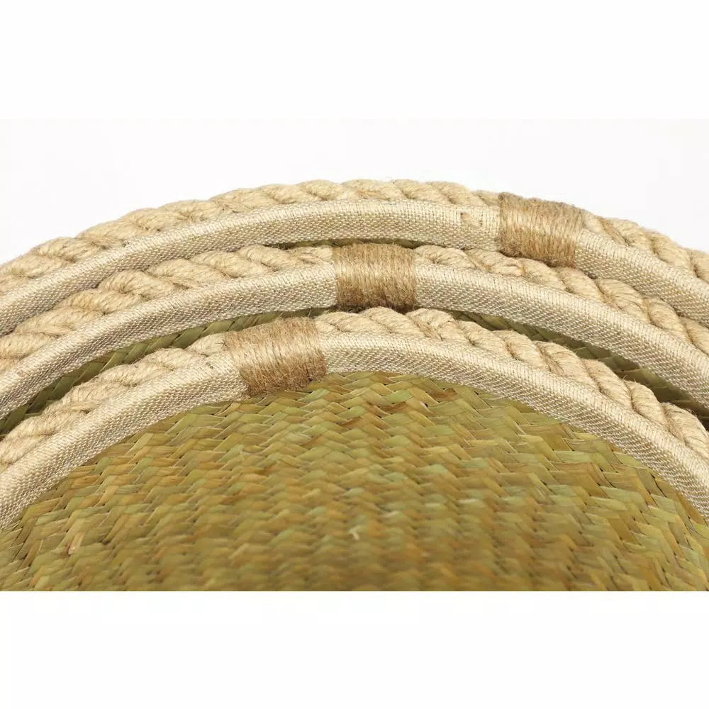 LITTON LANE Set of 3 Round Palm Leaf and Rope Wicker Storage Baskets with Handles, White
