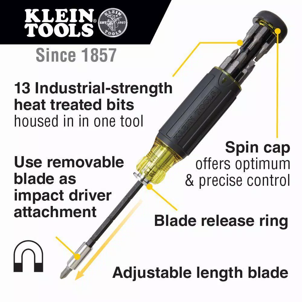 Klein Tools 14-in-1 Multi-Bit Adjustable Length Screwdriver with Impact Rated Blade