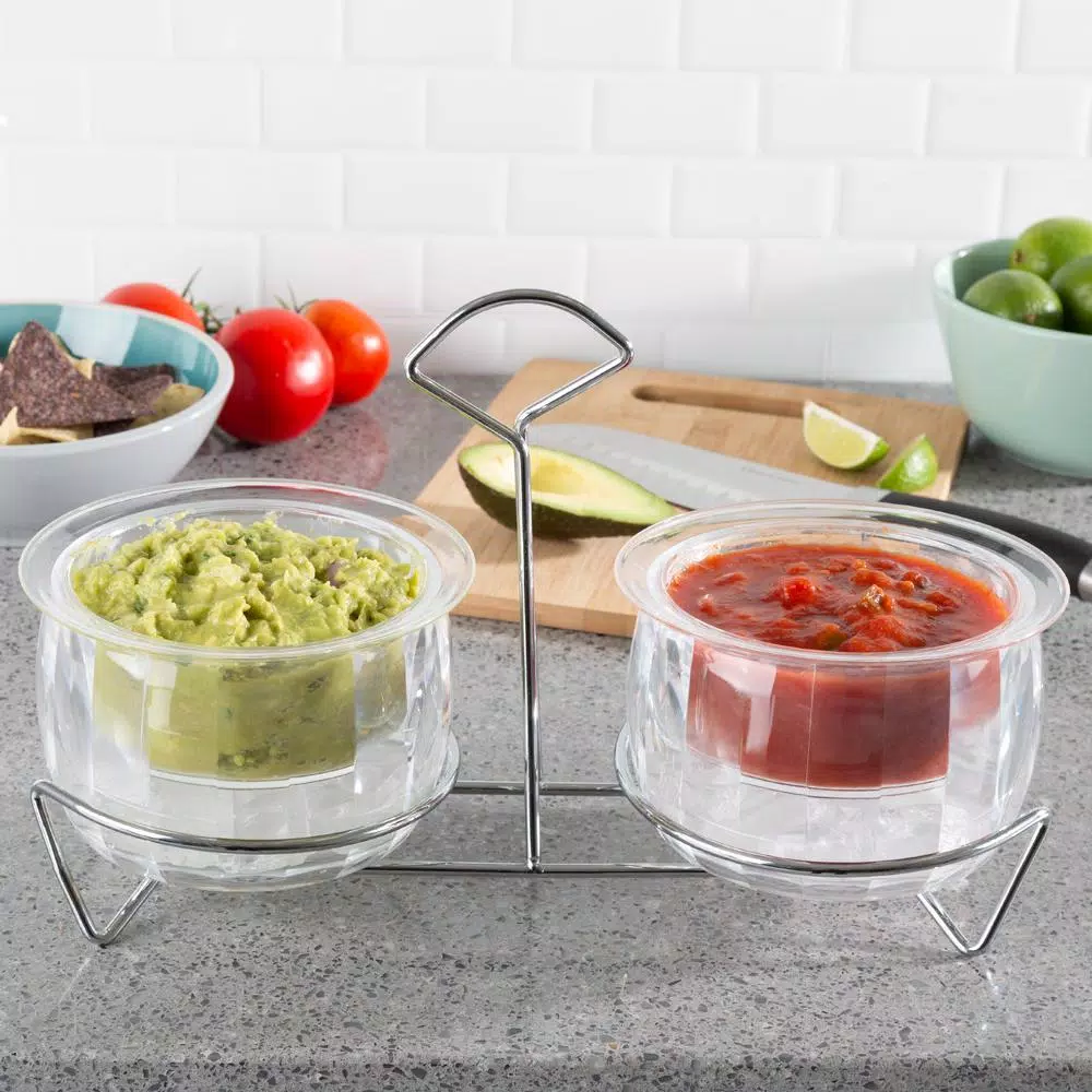 Classic Cuisine Cold Dip Serving Bowls with Ice Compartment and Metal Carrier, 2-Pack