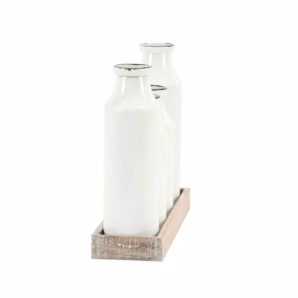 LITTON LANE Rustic Reflections Farmhouse Decorative Wood Tray with 4 Distressed White Milk Bottles