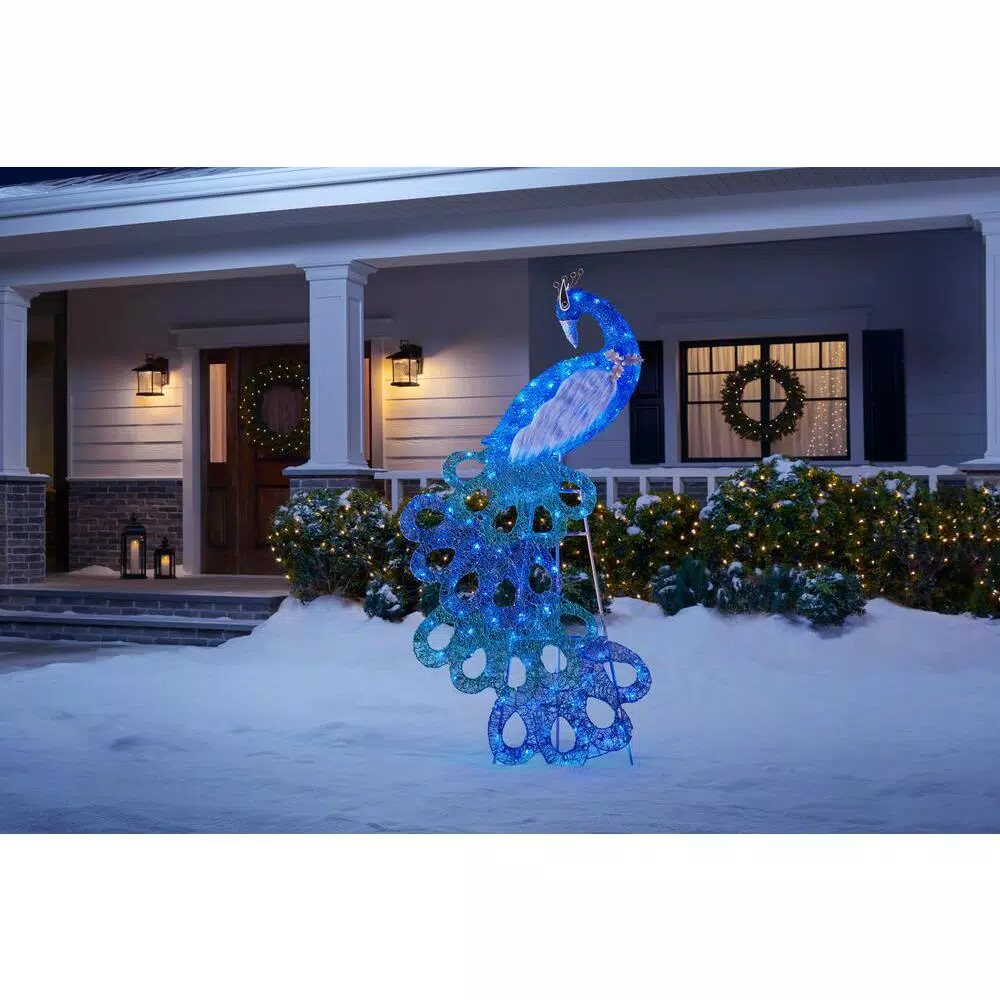 Home Accents Holiday 70 in. Blue Peacock LED Yard Decoration with 120 Lights
