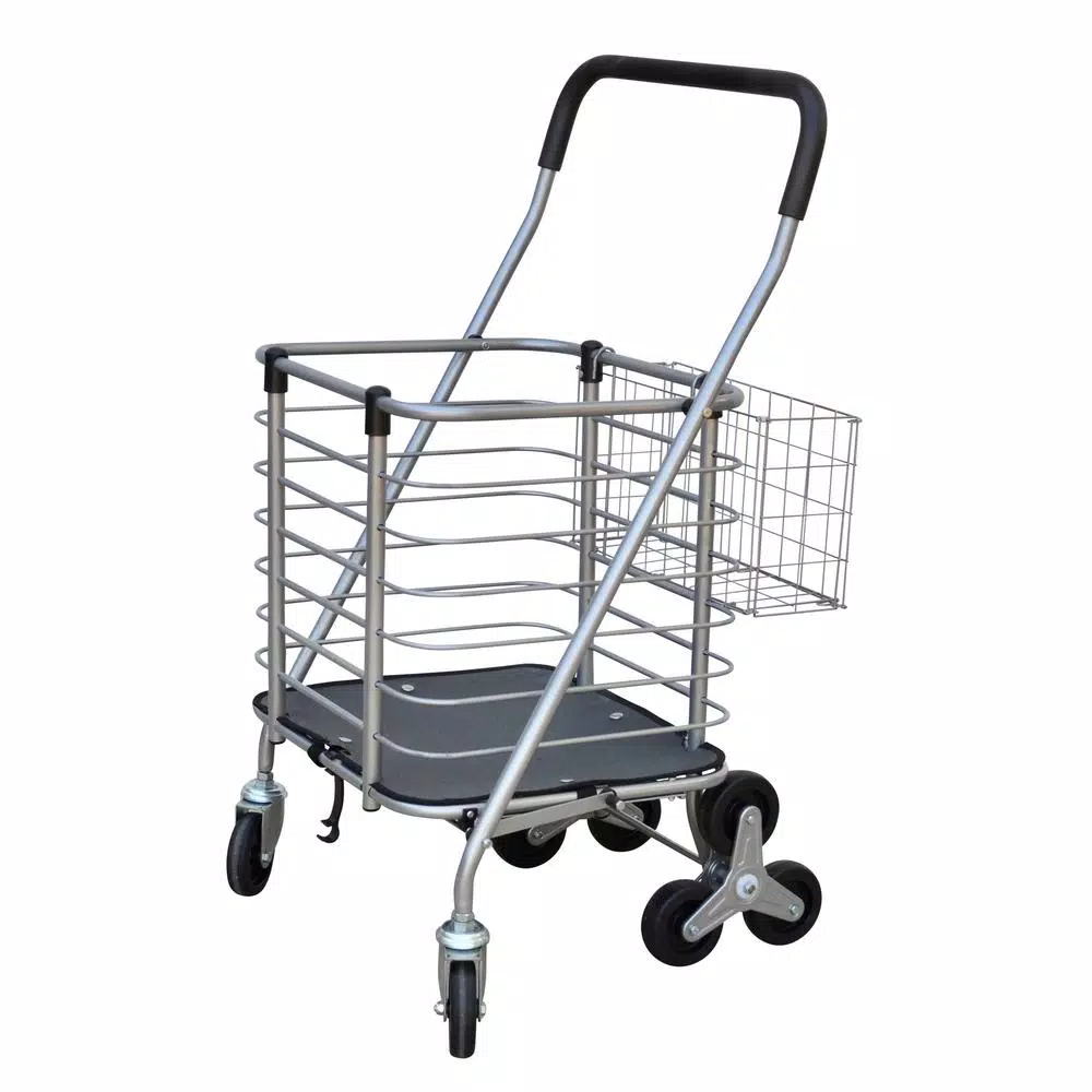Milwaukee Silver Steel Easy Climb 3-Wheel Shopping Cart with Accessory Basket, 75 lb Capacity