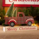 Glitzhome Merry Christmas Red Truck Wooden Table Decor with Christmas Trees thumbnail 7
