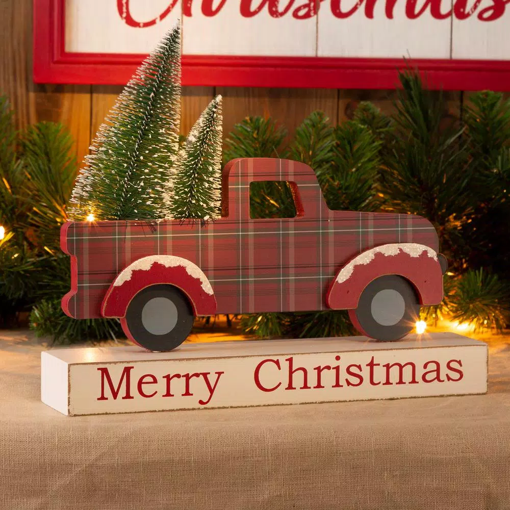 Glitzhome Merry Christmas Red Truck Wooden Table Decor with Christmas Trees