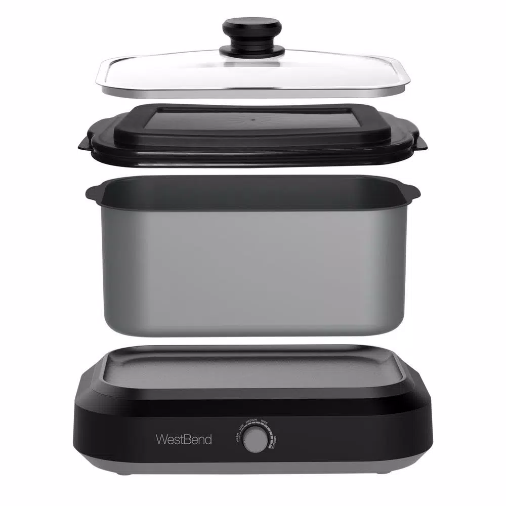 West Bend 6 Qt. Silver Non-Stick Versatility Slow Cooker with Griddle Base, Travel Lid, and Thermal Tote