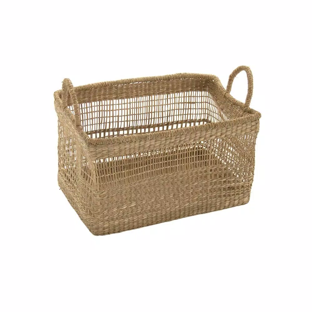 Zentique Handmade Rectangular Seagrass Woven Wicker Basket with Handles, Brown