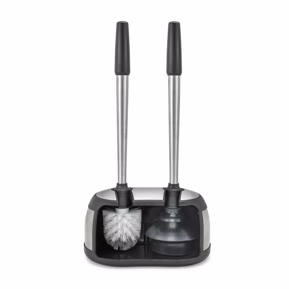 Polder Dual Bath Caddy Toilet Brush and Plunger Set with Stainless Steel Handles - Black