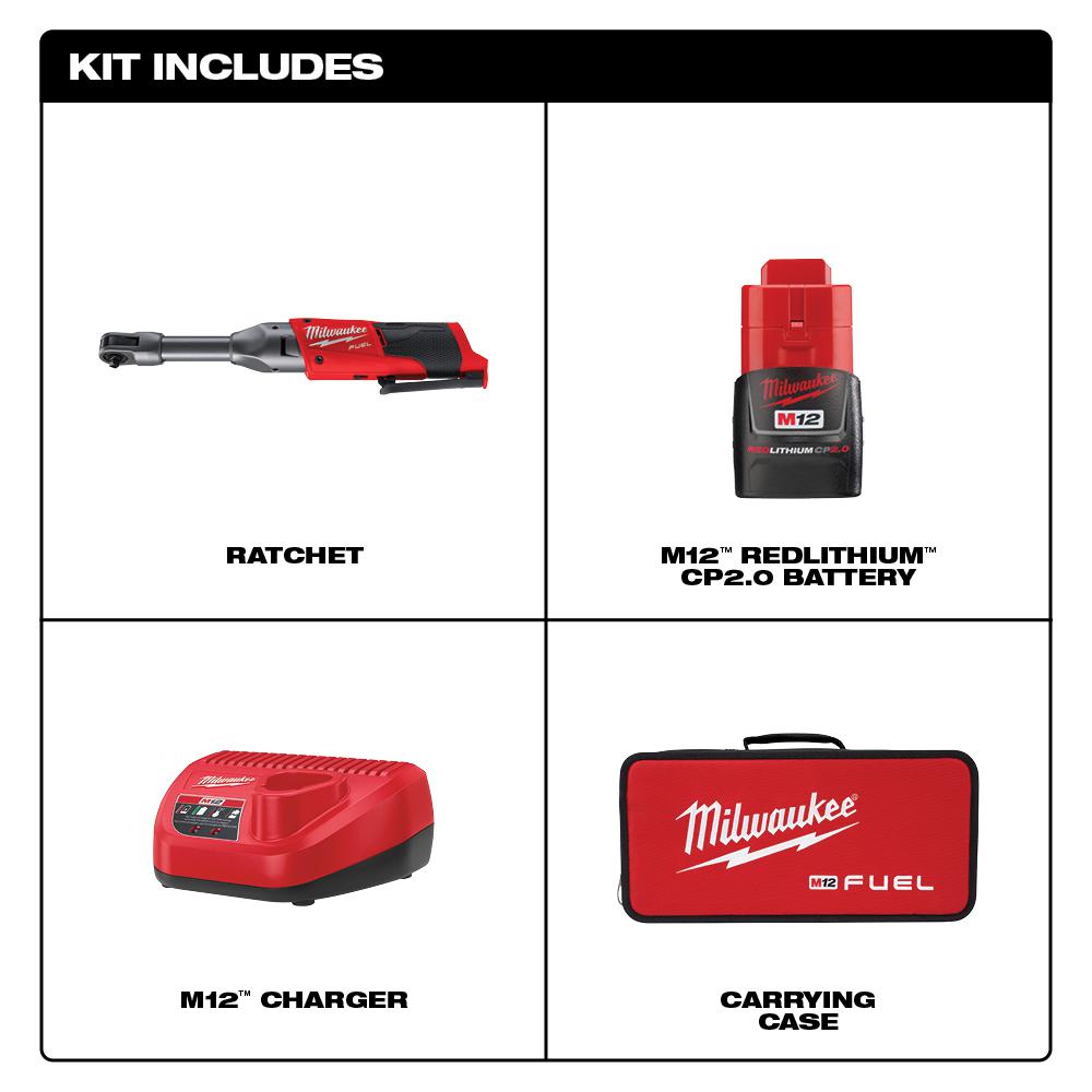 Milwaukee M12 FUEL 12V Brushless Cordless 1/4 in. Extended Reach Ratchet Kit with 2.0 Ah Battery