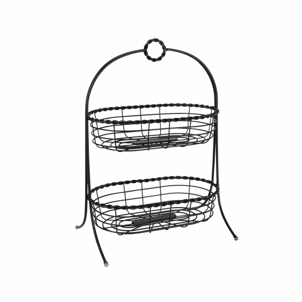 Spectrum Everly 2-Tier Oval Steel Fruit Basket & Serving Stand, Black