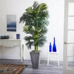 Nearly Natural 7 ft. Golden Cane Artificial Palm Tree with Cement Planter and River Rocks thumbnail 2