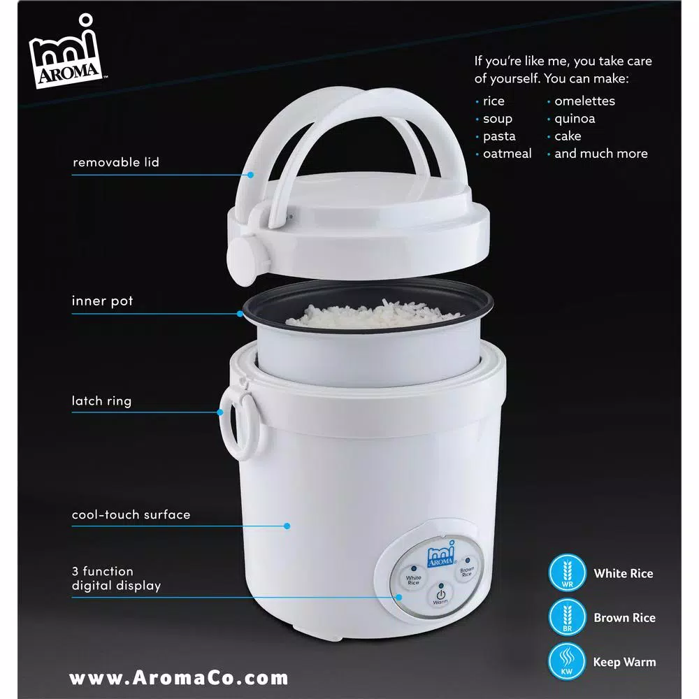 Aroma 3-Cup Mini Rice Cooker with Non-Stick Pot, White