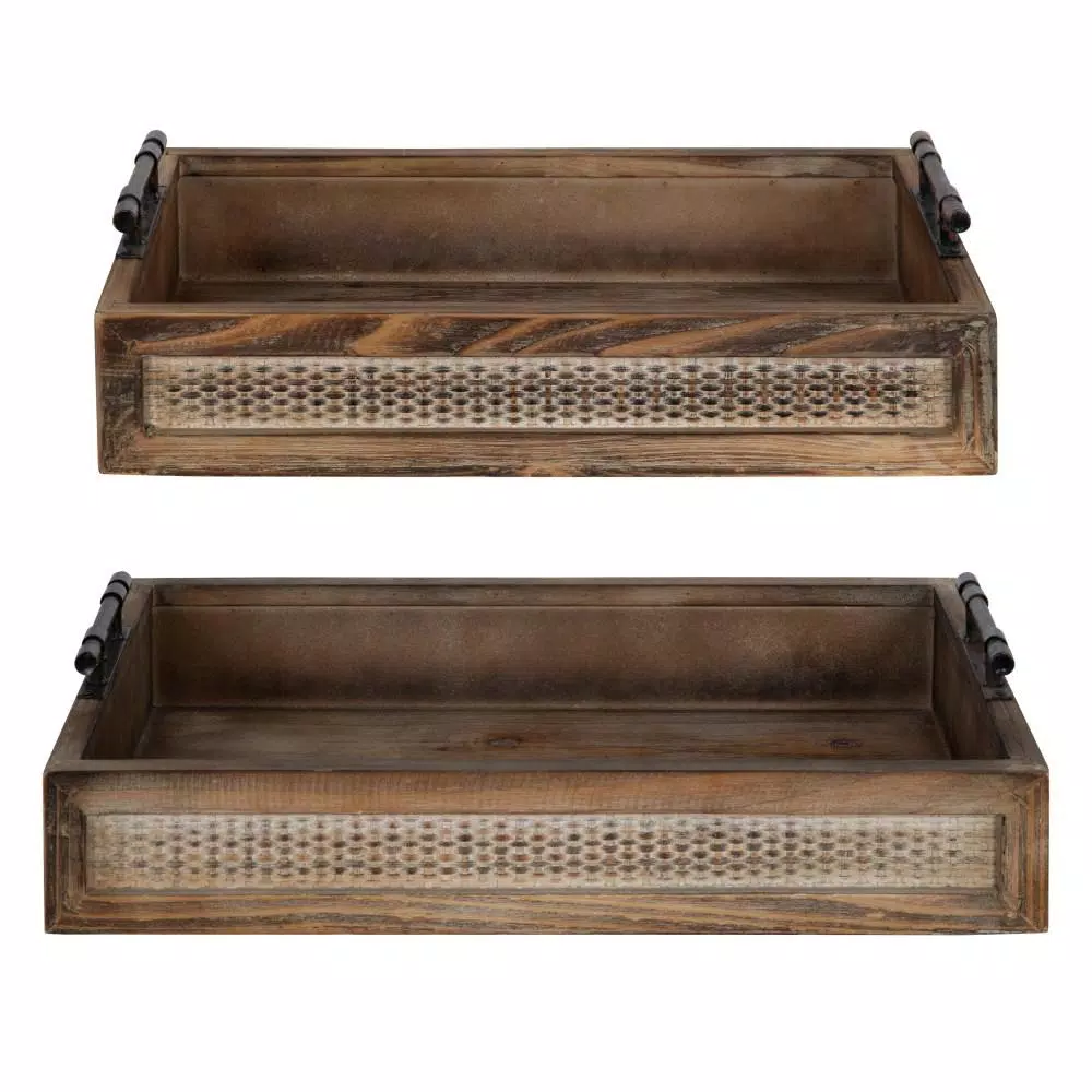 Kate and Laurel Bayport Brown Decorative Nested Wooden Tray Set of 2 - Farmhouse Style