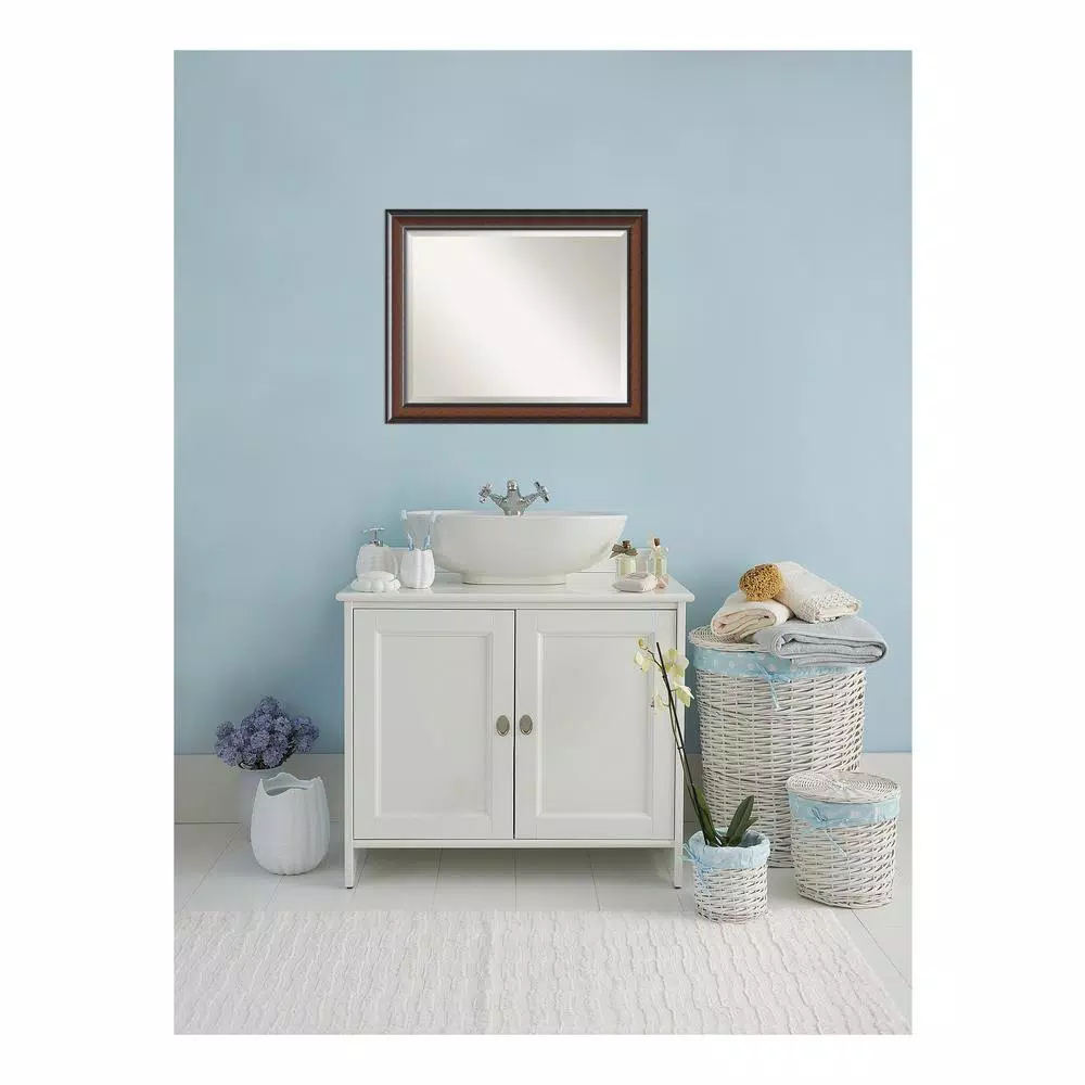 Amanti Art Cyprus 32.75 in. W x 26.75 in. H Walnut Wood Framed Beveled Edge Rectangular Bathroom Mirror
