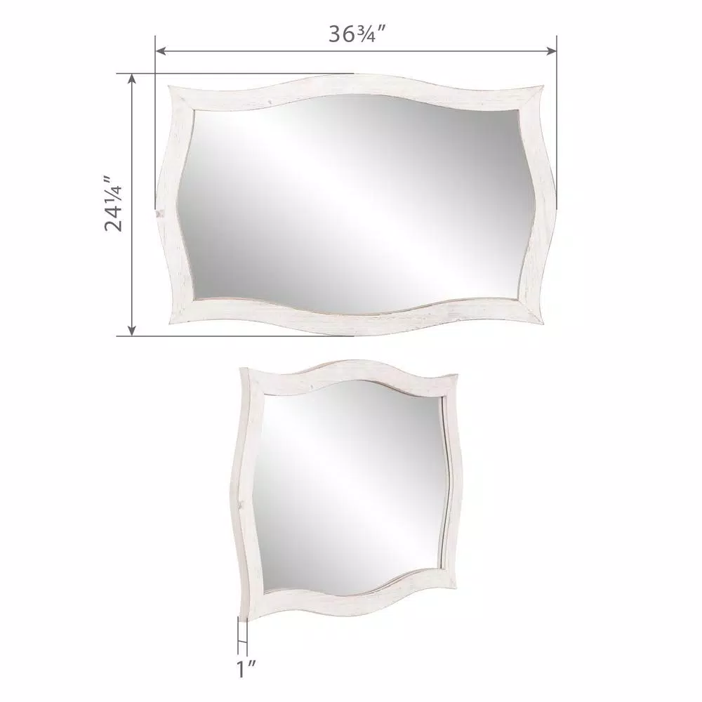 Pinnacle White Scallop Framed Wall Mirror - Distressed Whitewash Solid Wood - 36.75 in. W x 24.25 in. H