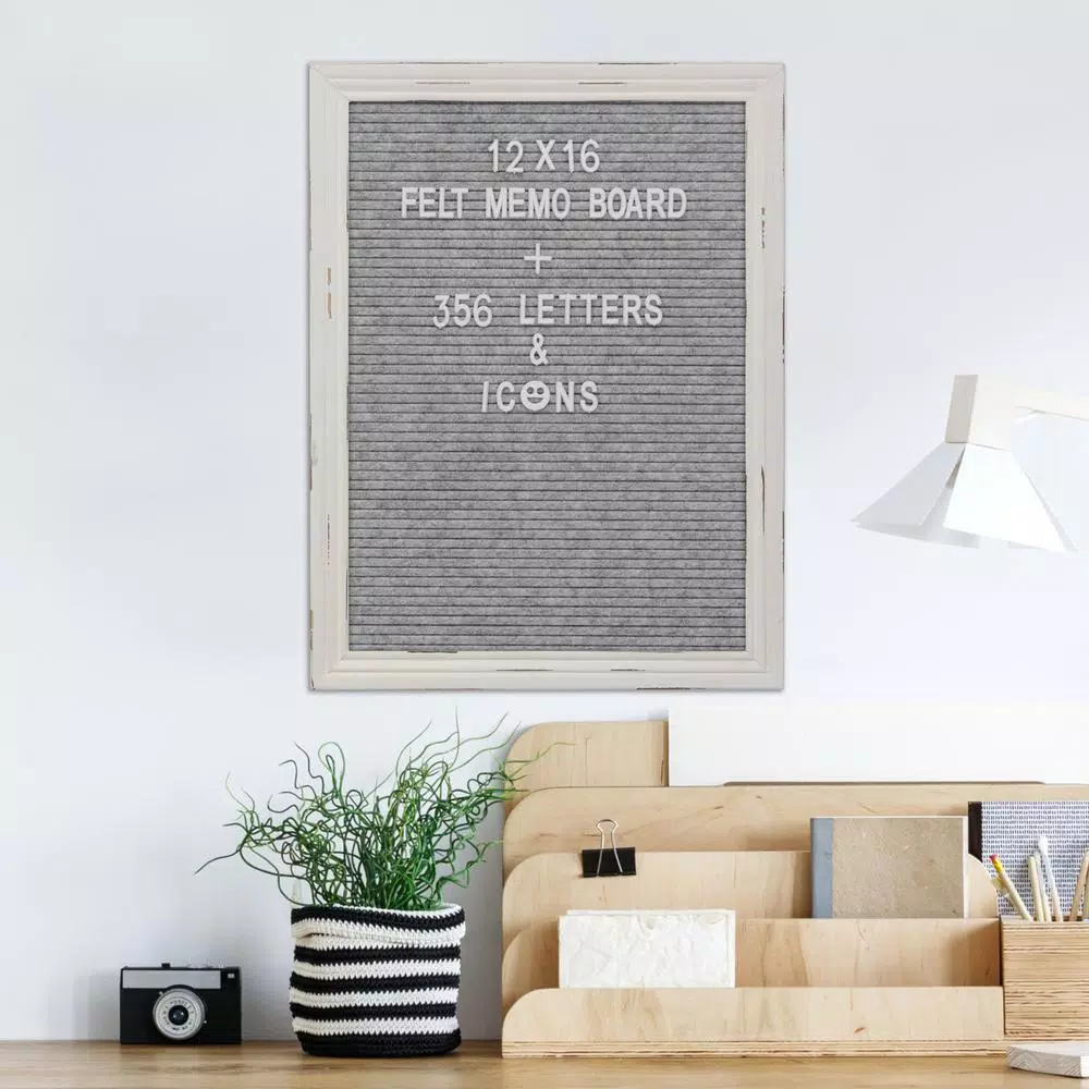 Stonebriar Collection Stonebriar Gray Felt Memo Board with White Wash Wooden Frame and 356 Letter Kit