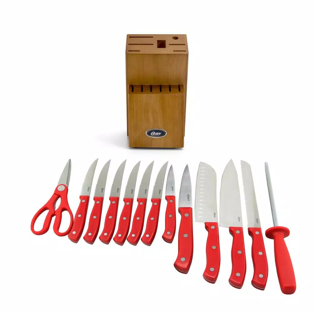 Oster Evansville 14-Piece Stainless Steel Knife Set with Rubberwood Block