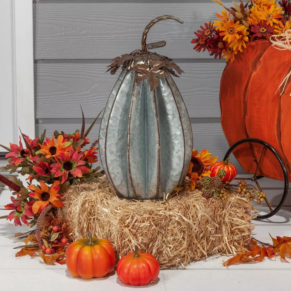 Gerson 16.5 in. Sculpted Rustic Metal Pumpkin with Leaves, Set of 2