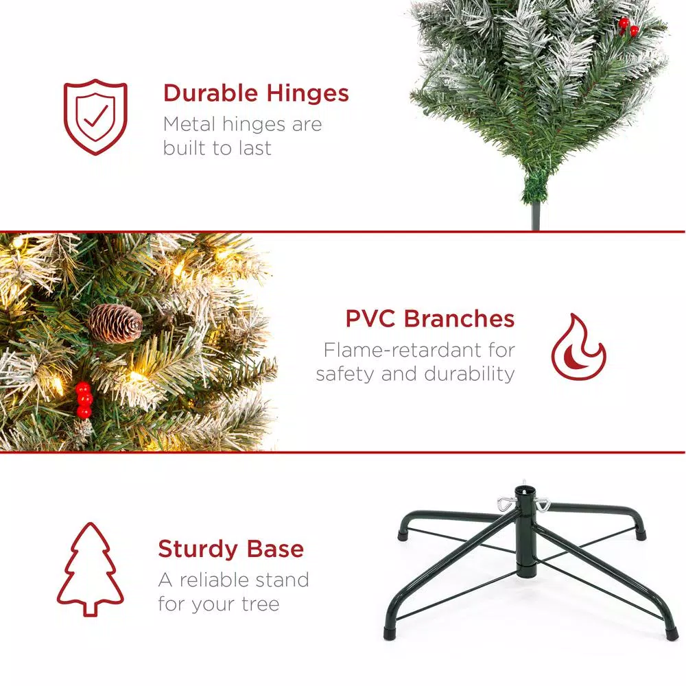 Best Choice Products 6 ft. Pre-Lit Flocked Artificial Christmas Tree with 250 Warm White Lights, Berries & Pinecones