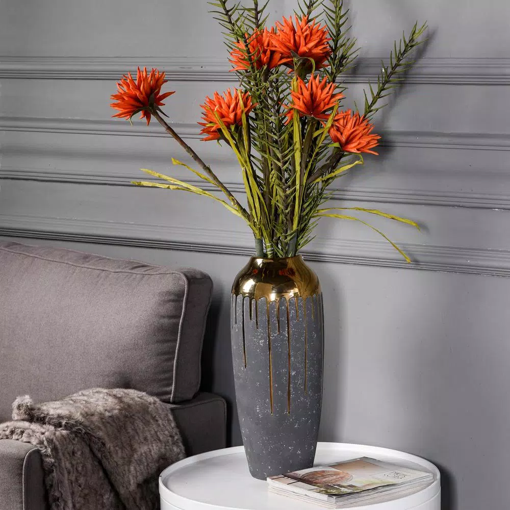 StyleCraft Marloe Charcoal and Gold Ceramic Table Vase, Contemporary Urn Shape