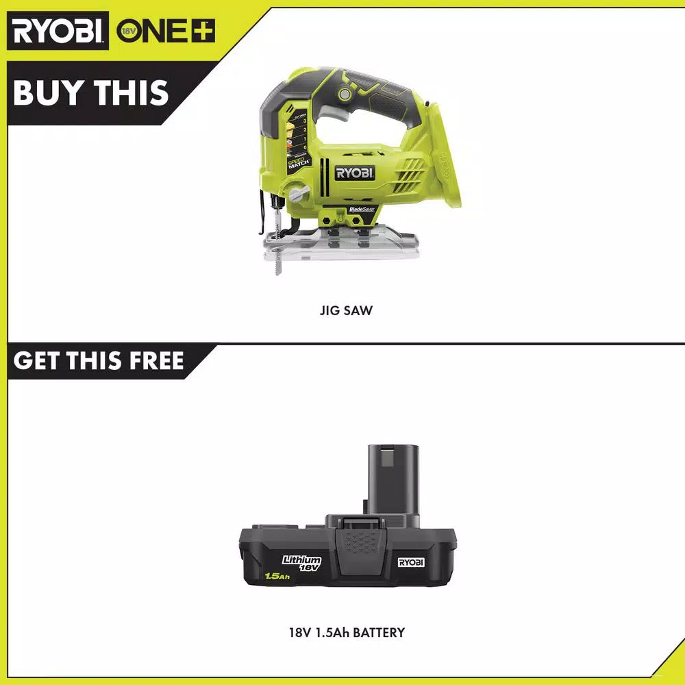 RYOBI 18V ONE+ Cordless Orbital Jig Saw with 1.5 Ah Lithium-Ion Battery