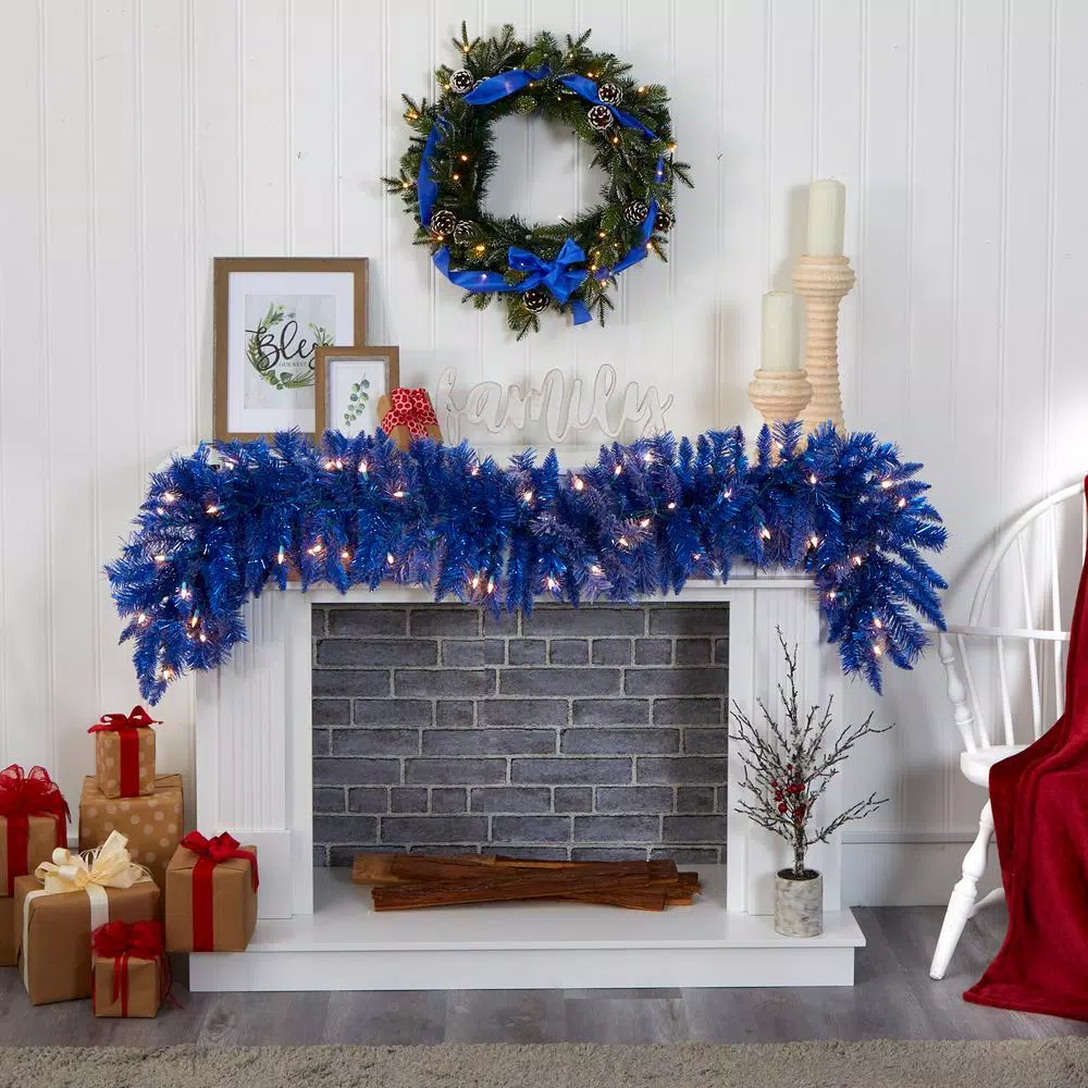 Nearly Natural 6 ft. Blue Flocked Artificial Christmas Garland with 50 Warm White LED Lights