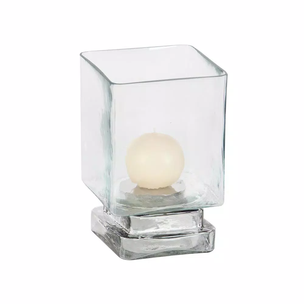 LITTON LANE 6 in. Cube-Shaped Frosted Glass Hurricane Candle Holders, Set of 2