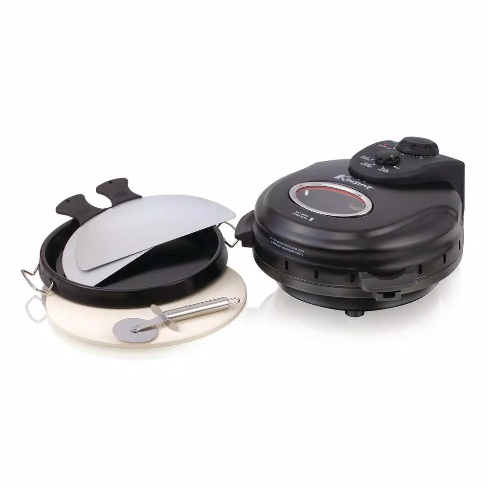 Euro Cuisine 12 in. Black Electric Pizza Maker with Rotating Tray and Lid